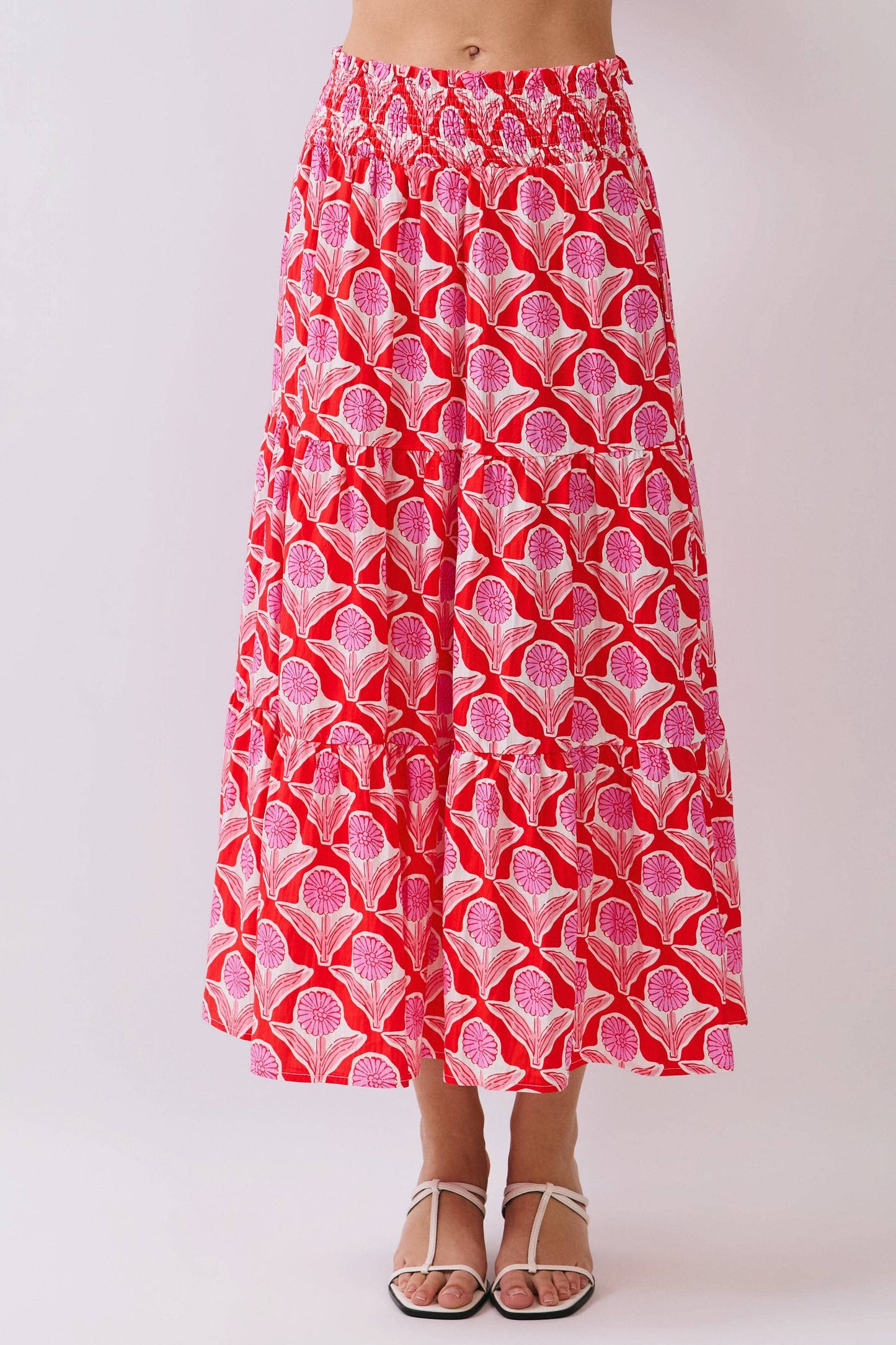Penelope Floral Print Smocked Waist Midi Skirt