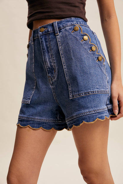 Lizzy Scallop Button-Side Stretch Denim Shorts