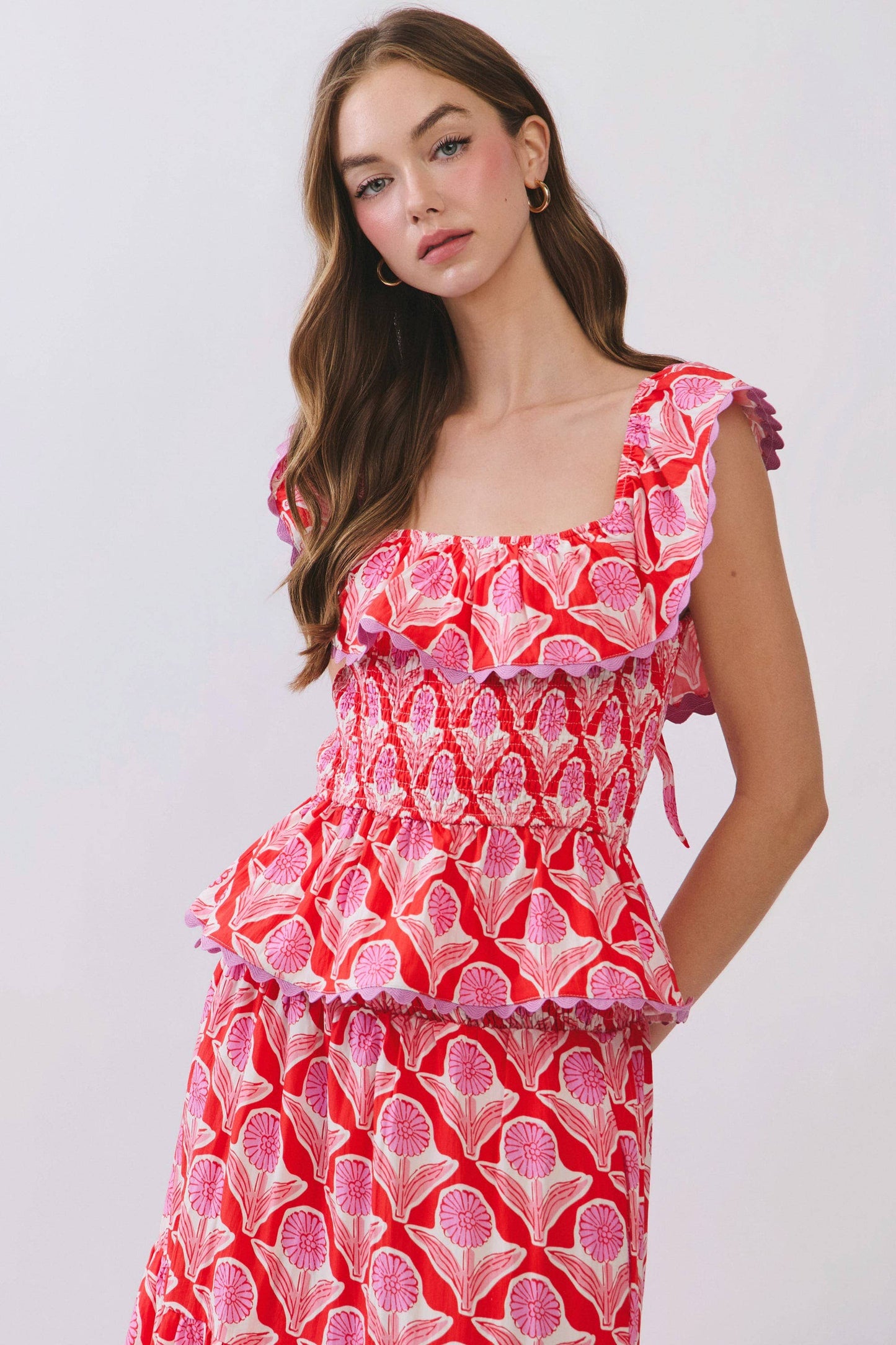 Penelope Floral Print Smocked Ruffle Top