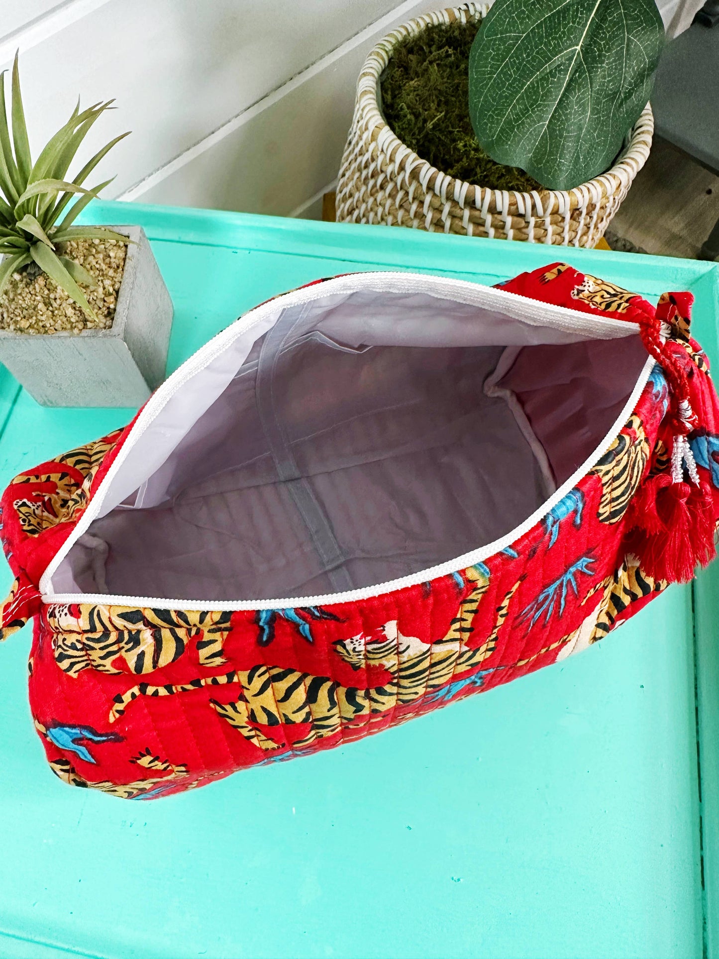 Red Tiger Quilted Travel Makeup Cosmetics Toiletry Bag