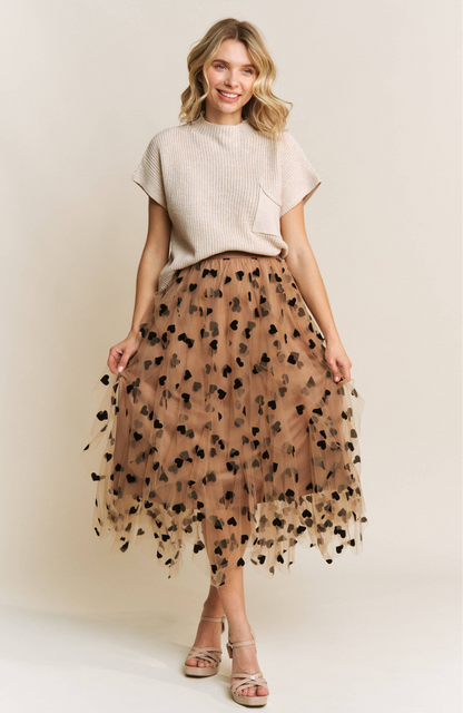 All Frills Velvet Heart Flocked Midi Skirt
