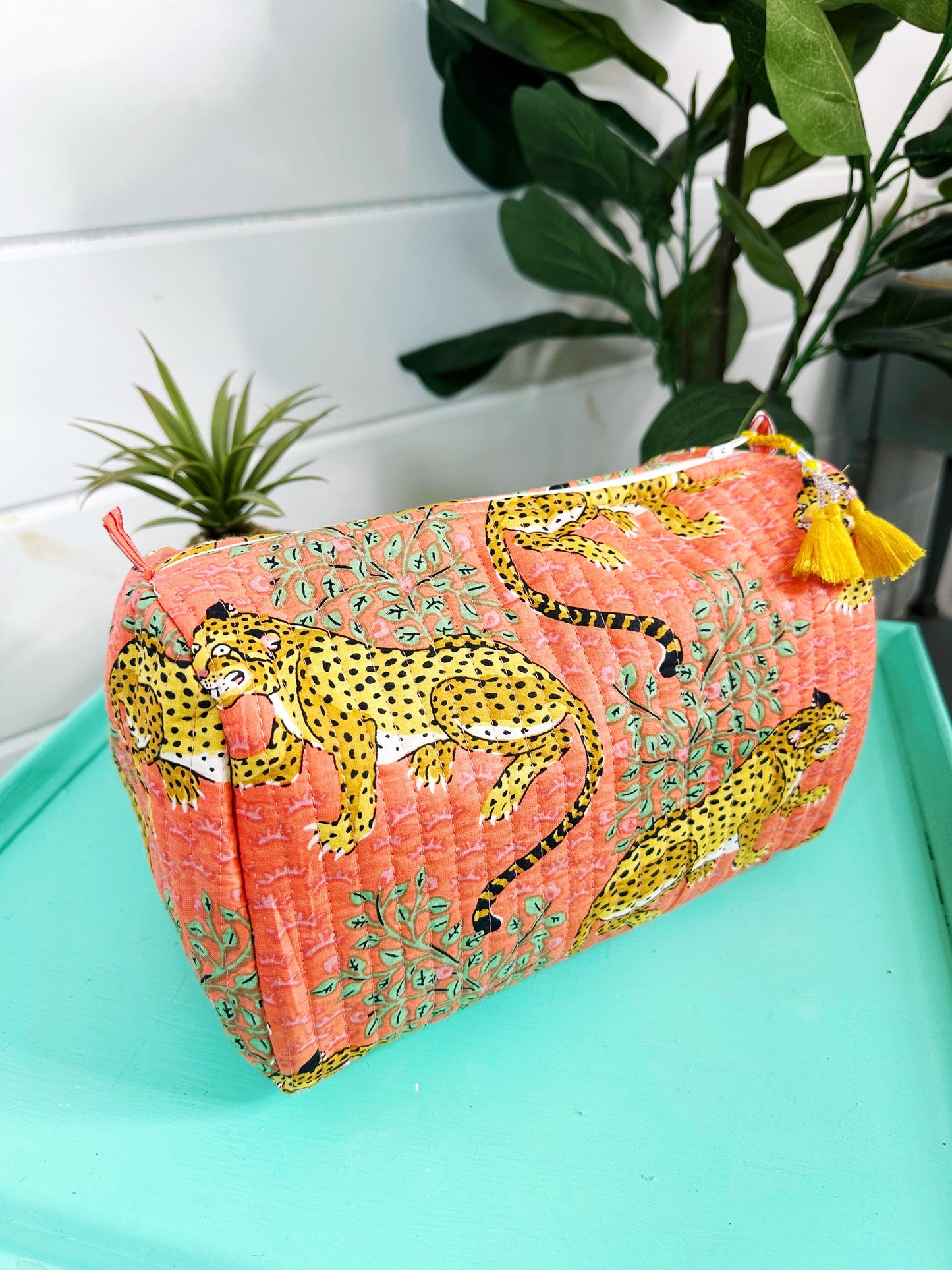 Coral Tigers Quilted Makeup Travel Cosmetics Toiletry Bag