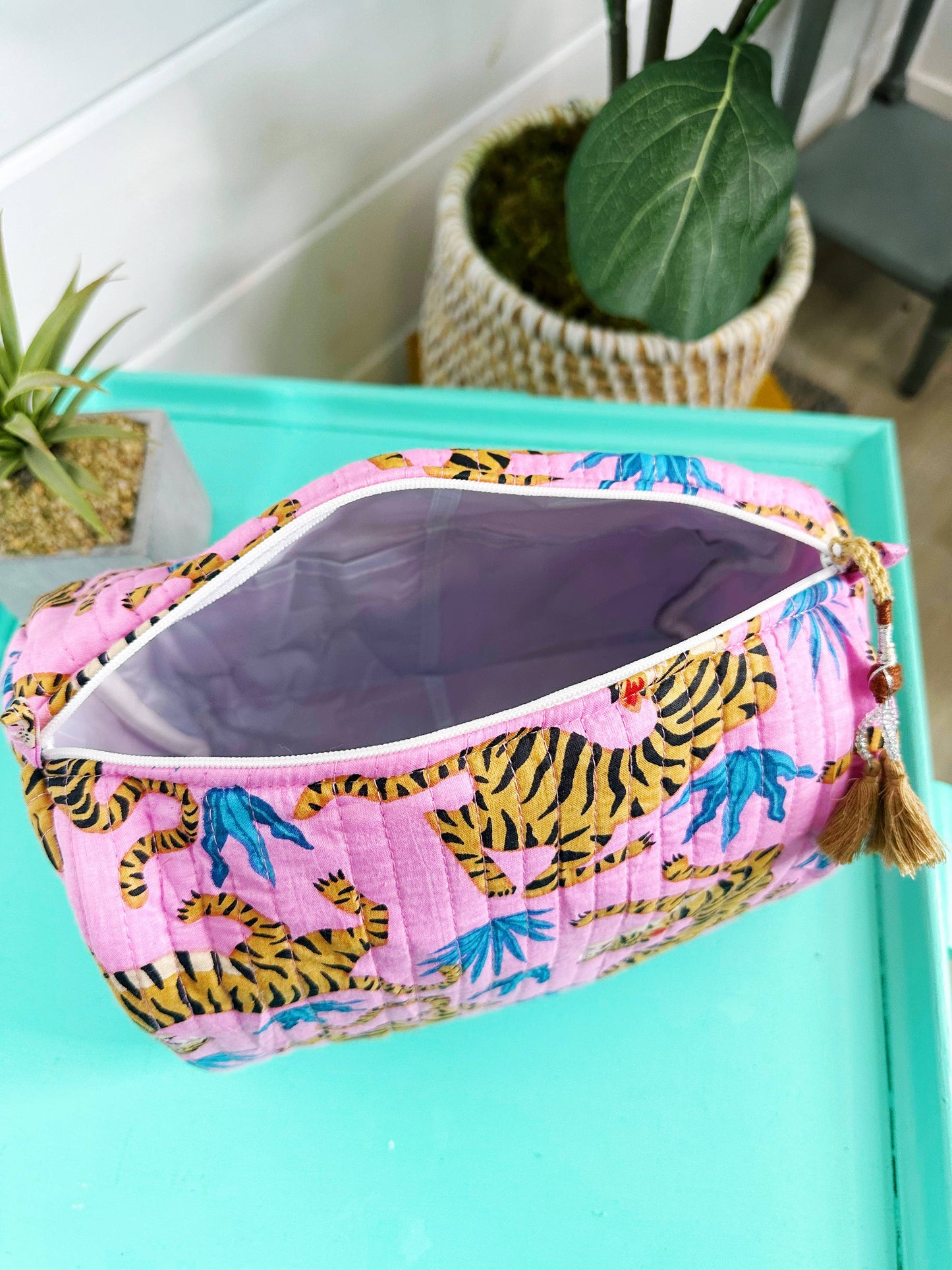 Pink Tigers Quilted Makeup Cosmetics Toiletry Bag