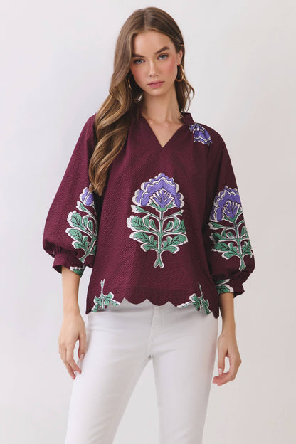 Heidi Floral Scalloped Hem Textured Blouse
