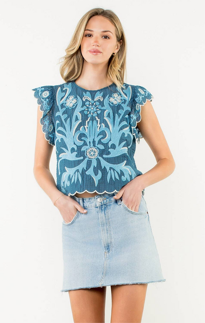 Seabreeze Embroidered Flutter Sleeve Scallop Top: THML