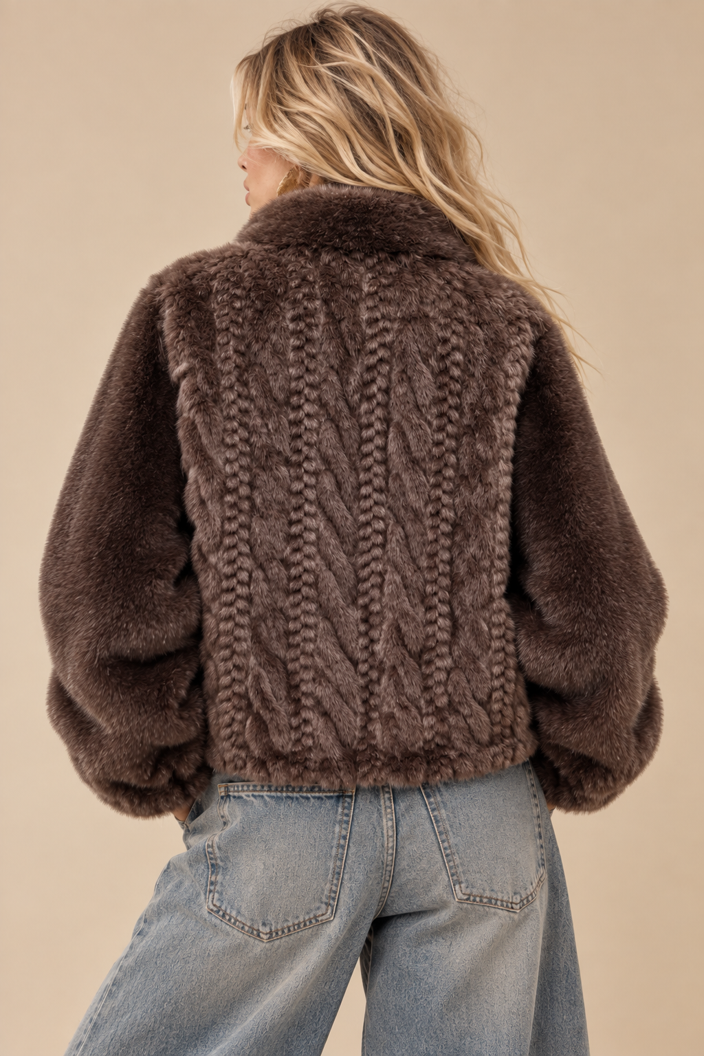 Paris Cable-Knit Faux Fur Zip-Up Jacket