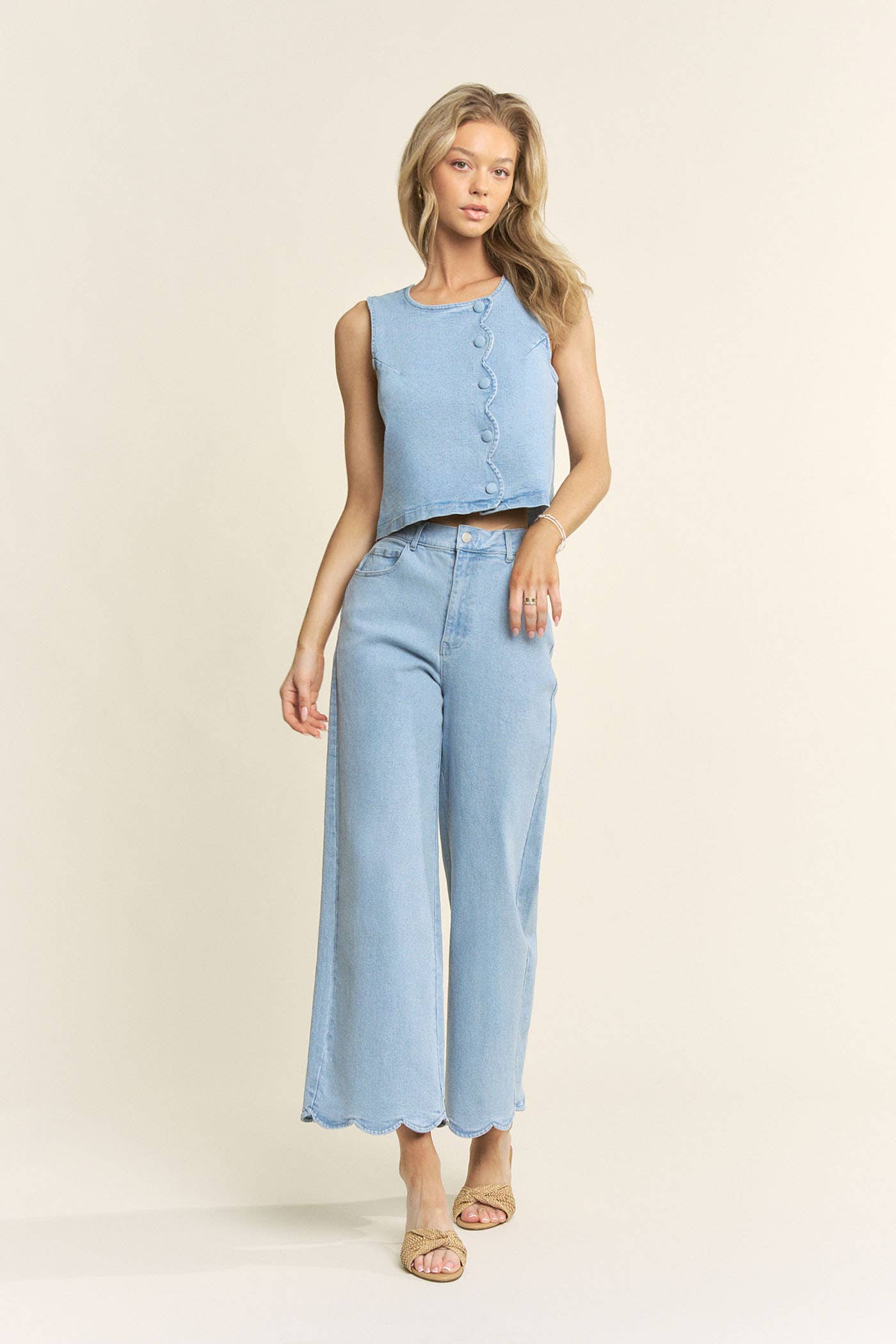 Jeri Denim Scalloped Top