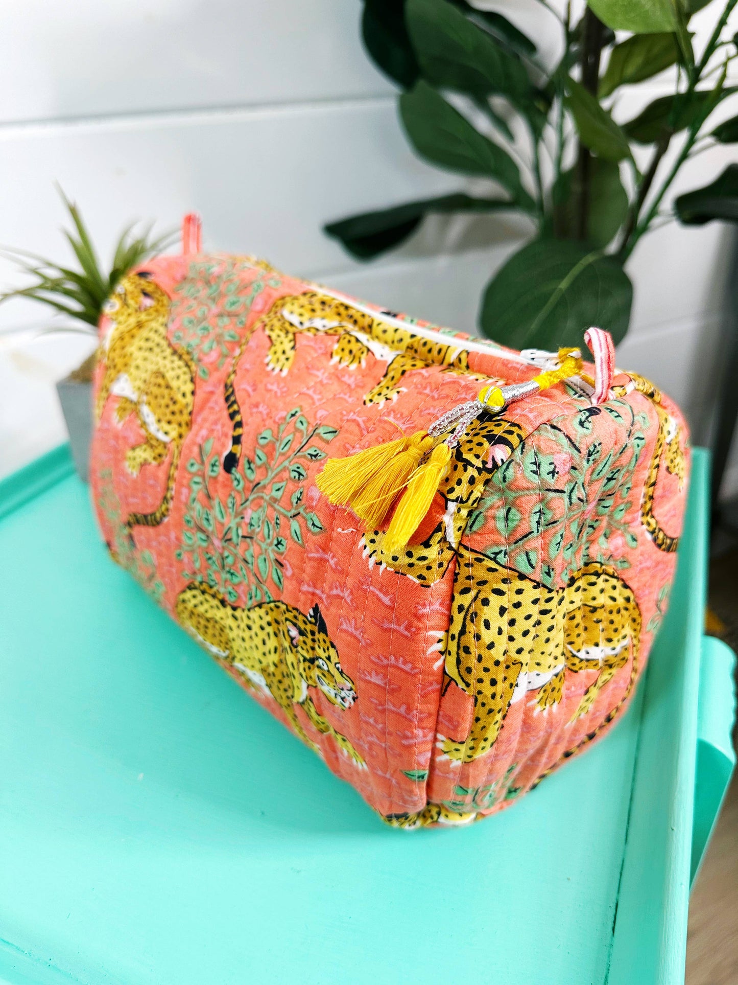 Coral Tigers Quilted Makeup Travel Cosmetics Toiletry Bag