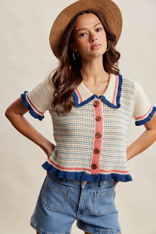 Brady Ruffle Trim Crochet Knit Cardigan Top