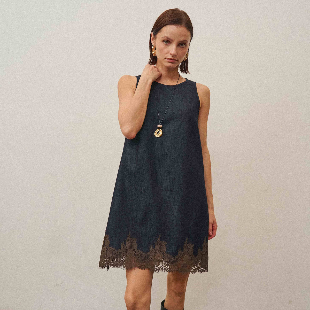 Reese Lace Trim Denim Mini Dress