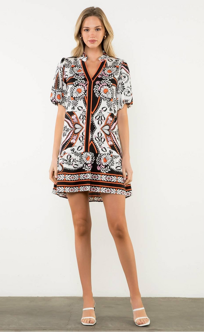 Exotic Puff Sleeve V-Neck Print Dress:  THML