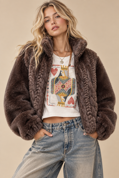 Paris Cable-Knit Faux Fur Zip-Up Jacket