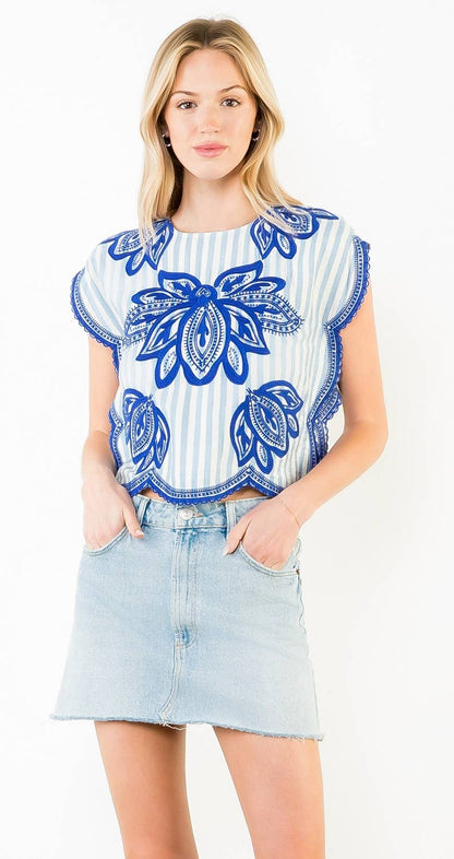 Jaycee Striped Embroidered Top: THML