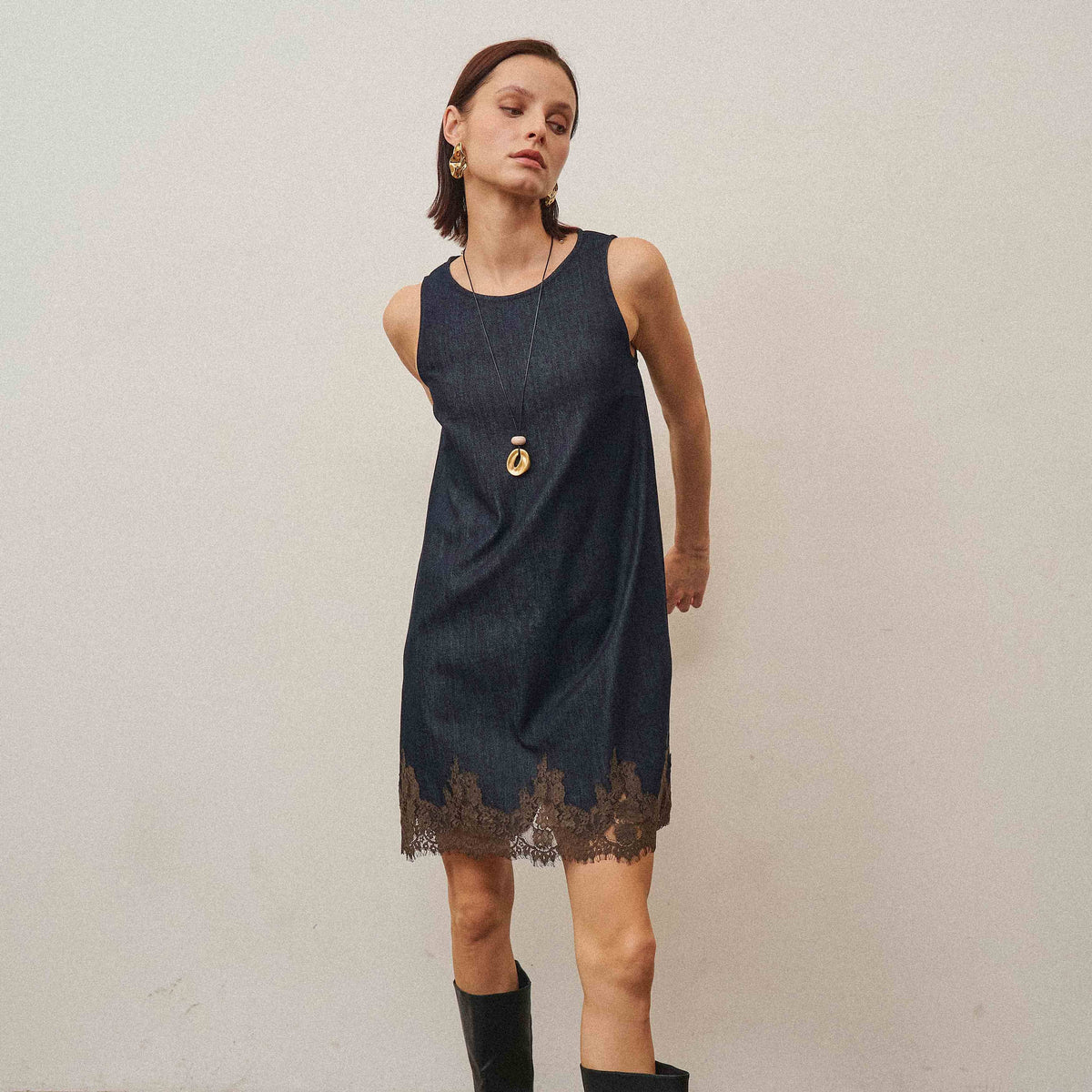 Reese Lace Trim Denim Mini Dress