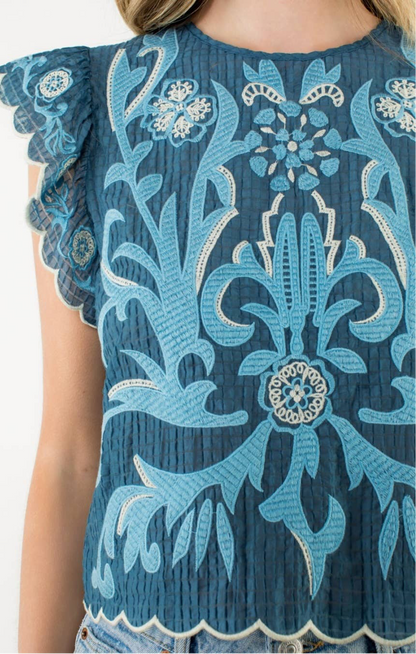 Seabreeze Embroidered Flutter Sleeve Scallop Top: THML