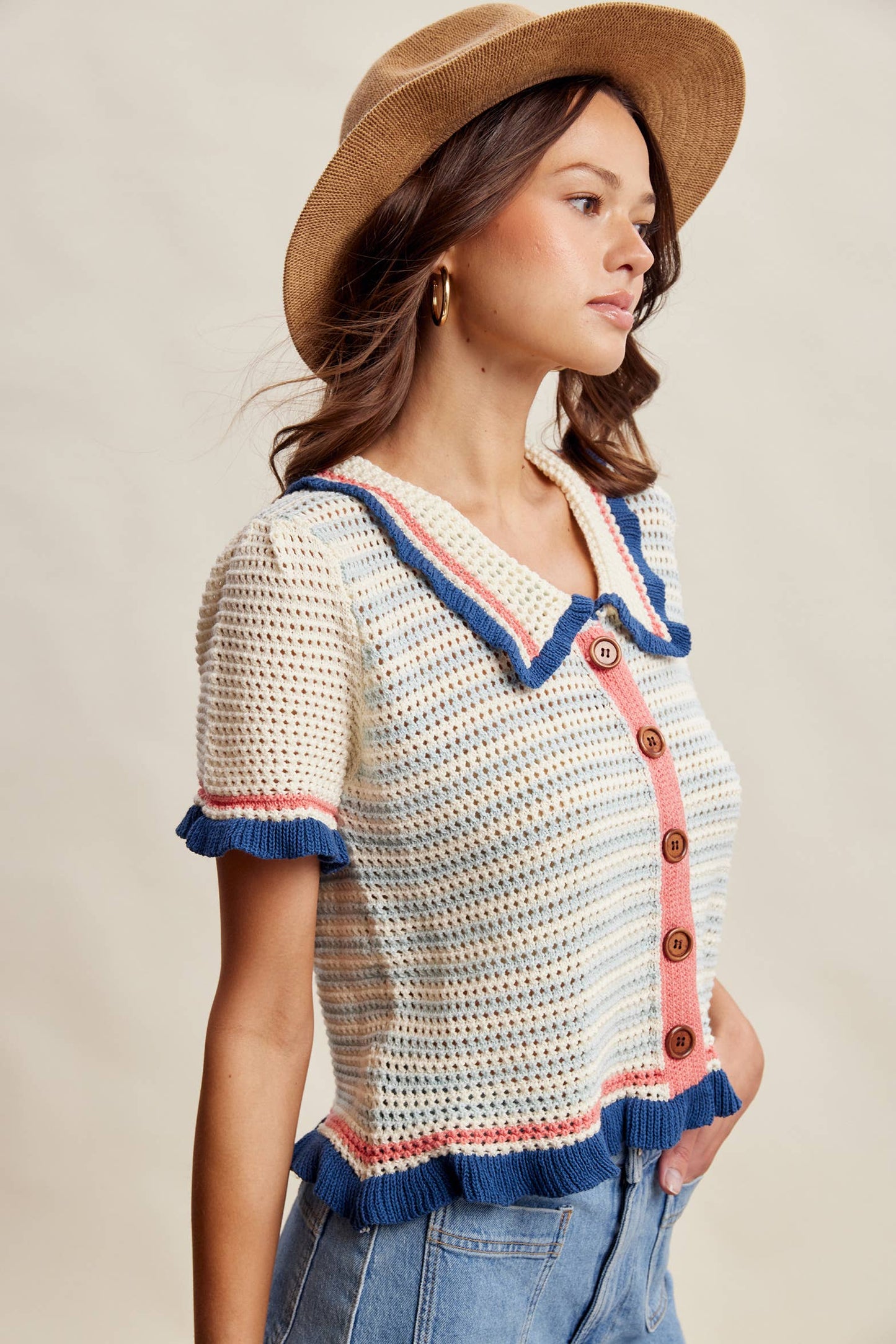 Brady Ruffle Trim Crochet Knit Cardigan Top