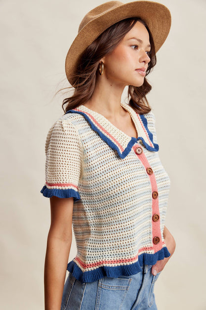 Brady Ruffle Trim Crochet Knit Cardigan Top