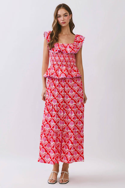 Penelope Floral Print Smocked Waist Midi Skirt