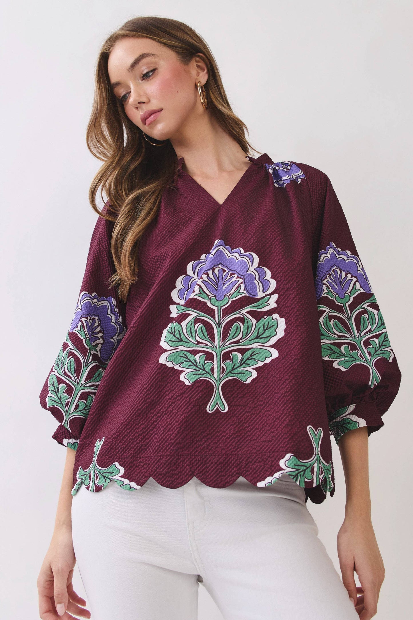 Heidi Floral Scalloped Hem Textured Blouse