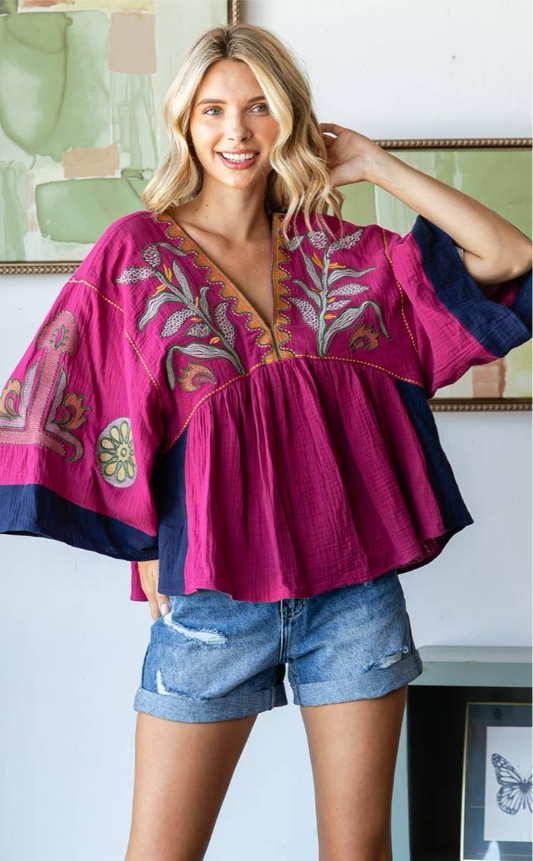 Like a Fine Wine Vintage Embroidery Patch Gauze Top