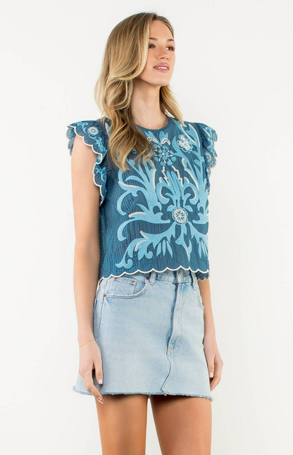 Seabreeze Embroidered Flutter Sleeve Scallop Top: THML
