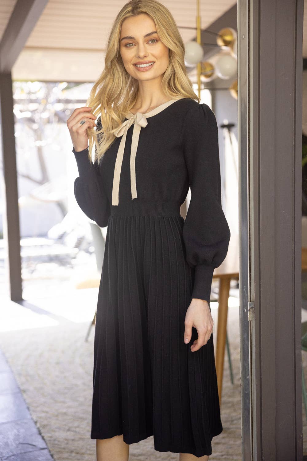 Joy Princess Sleeve Ribbon Neckline Midi Knit Dress