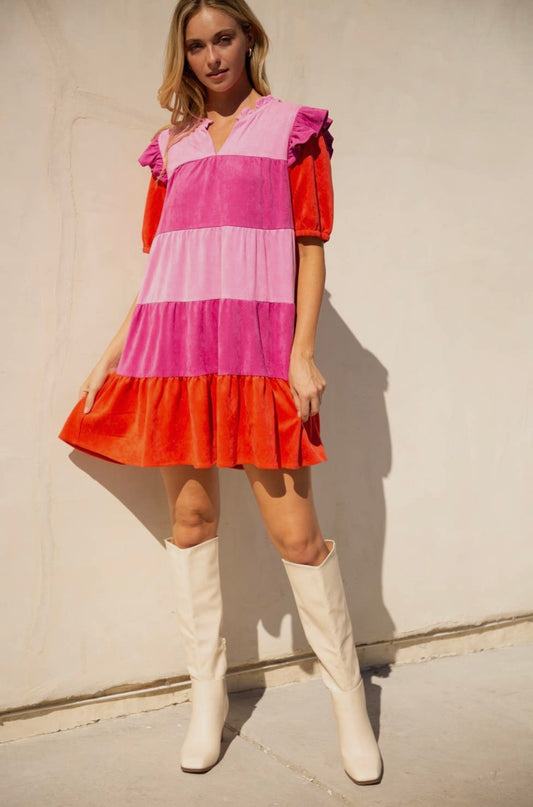 Shades of Pink Color Block Suede Dress