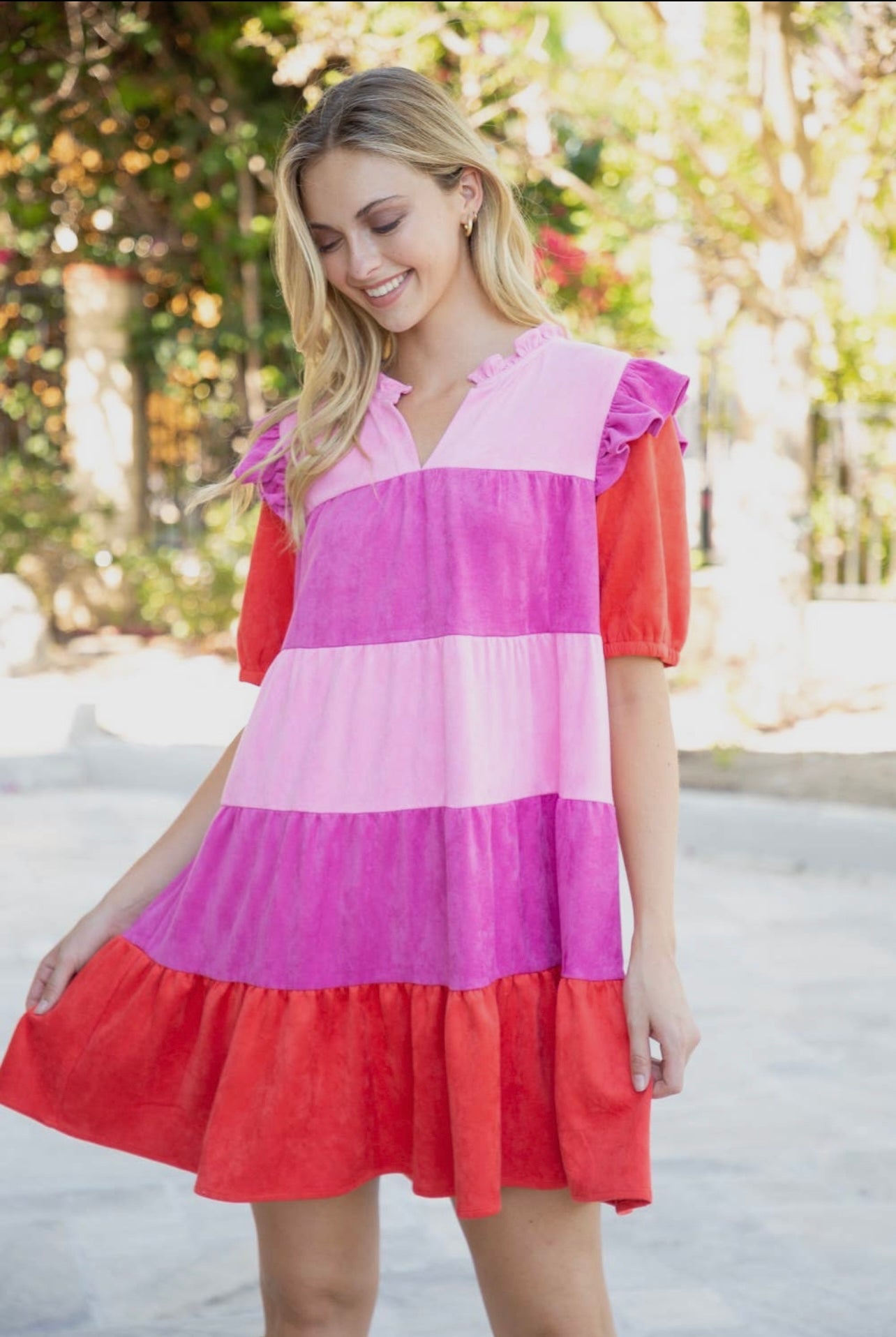 Shades of Pink Color Block Suede Dress