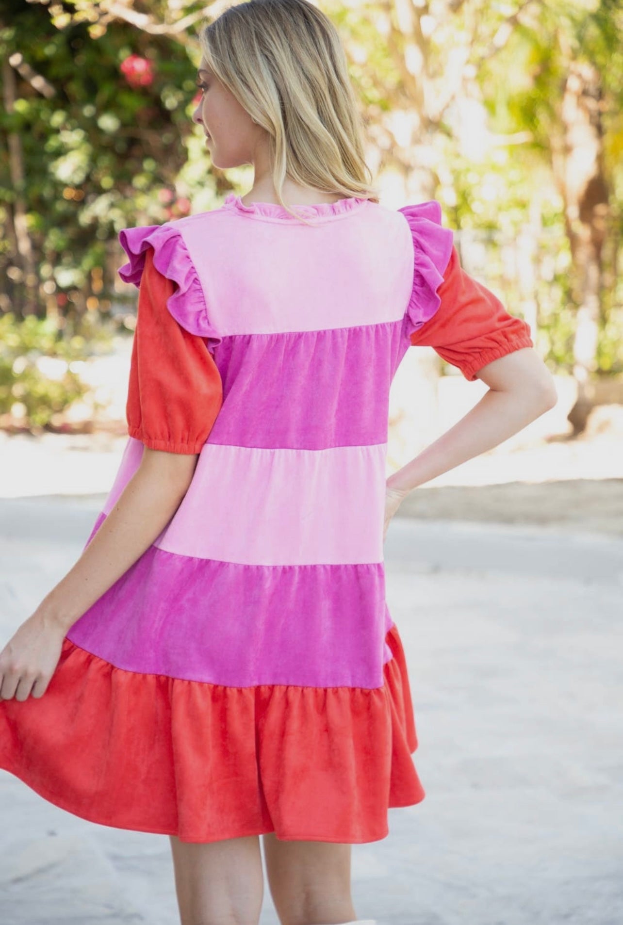 Shades of Pink Color Block Suede Dress