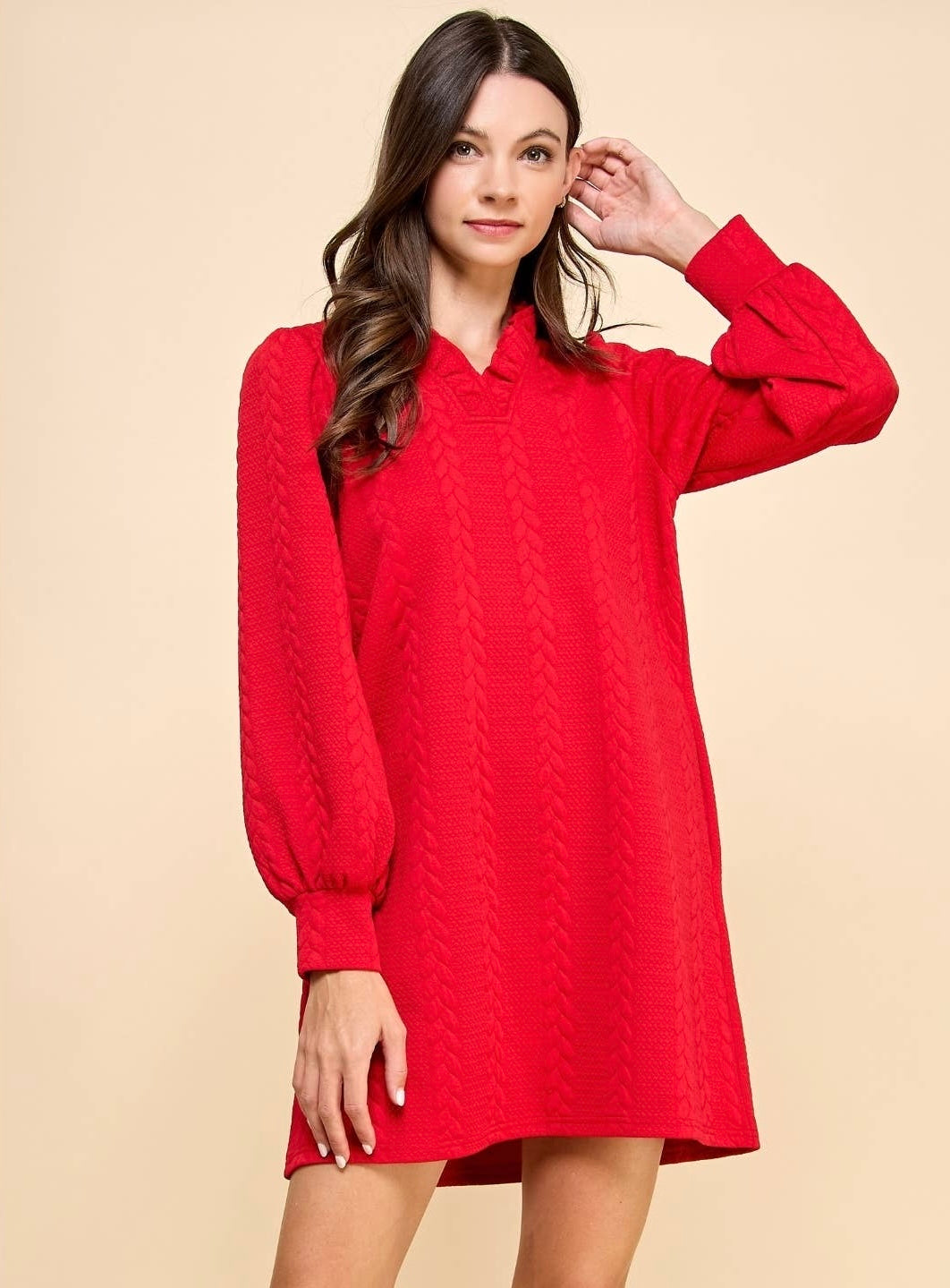 Miley Twist Textured Knit Puff Long Sleeve Dress