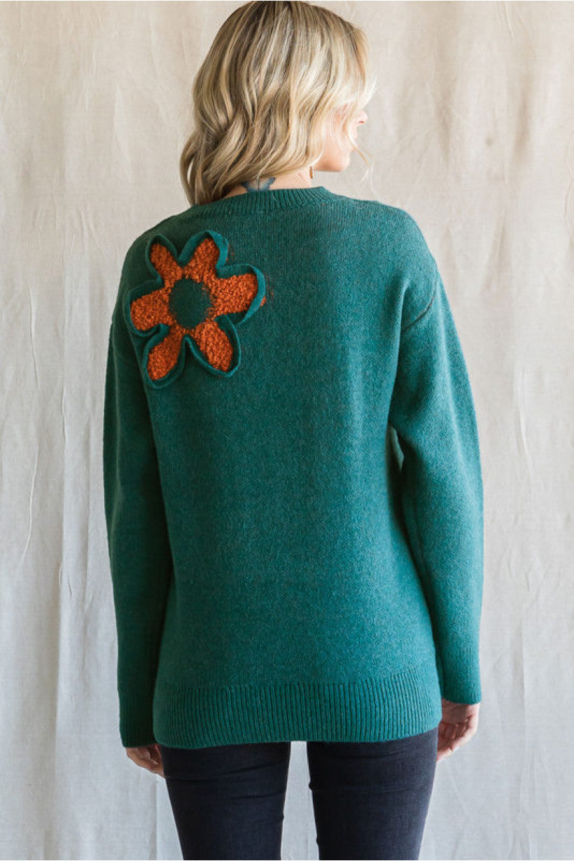 Flower Power Teal Textured Sweater