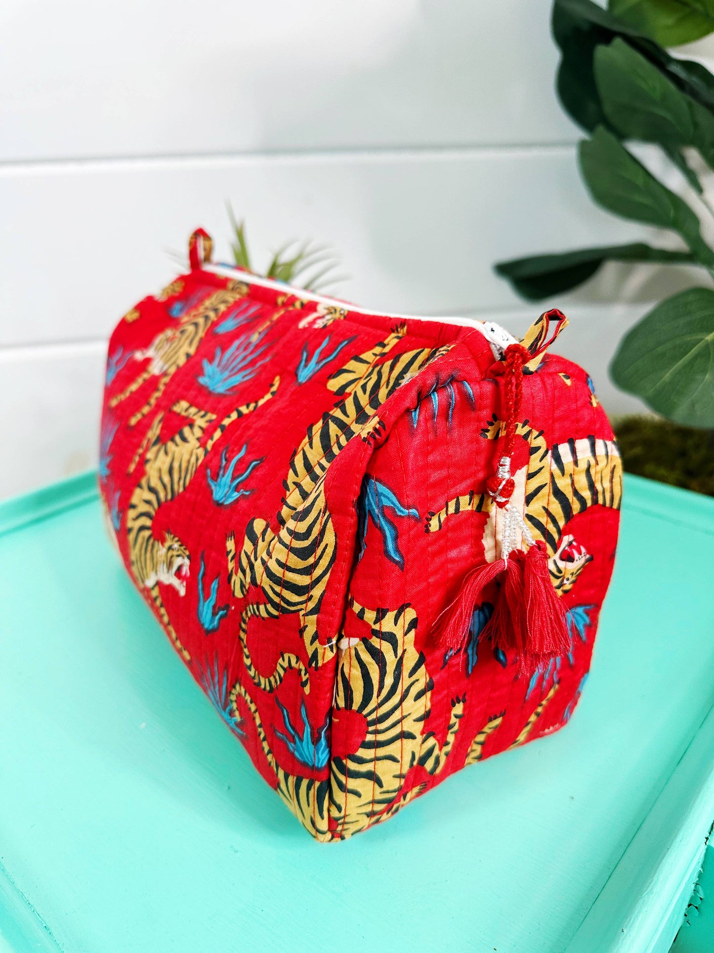Red Tiger Quilted Travel Makeup Cosmetics Toiletry Bag