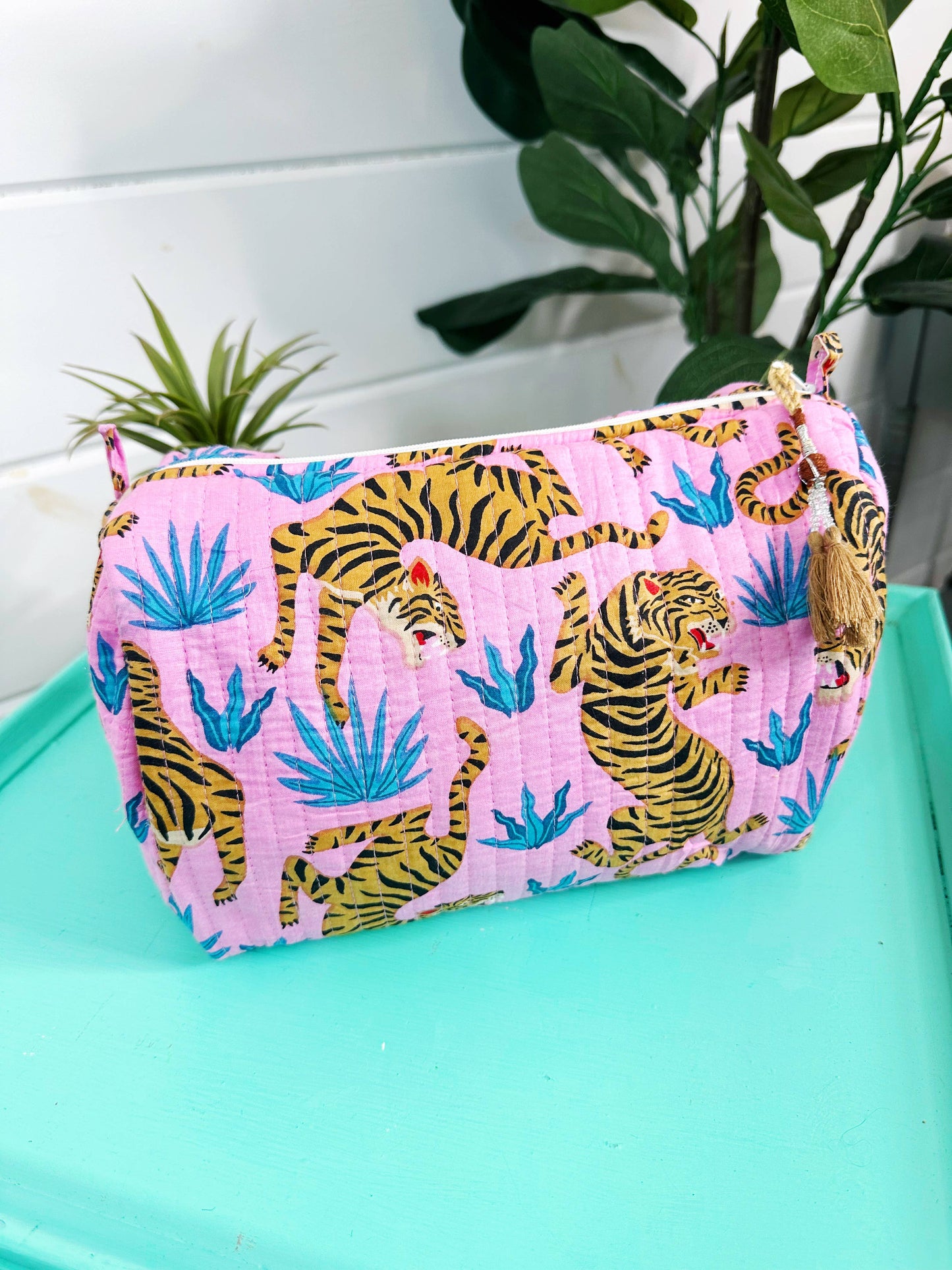 Pink Tigers Quilted Makeup Cosmetics Toiletry Bag