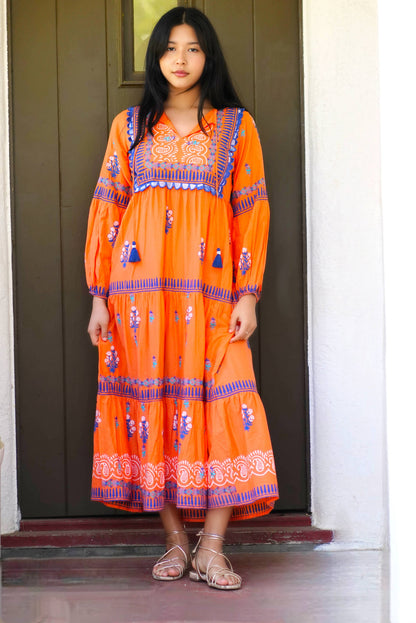Rita Hand Block Printed Maxi Dress Orange