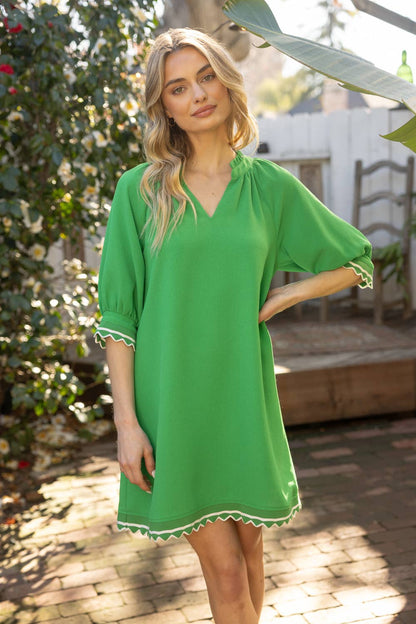 Green with Envy Scallop and Stripe Band Detailed Shift Dress
