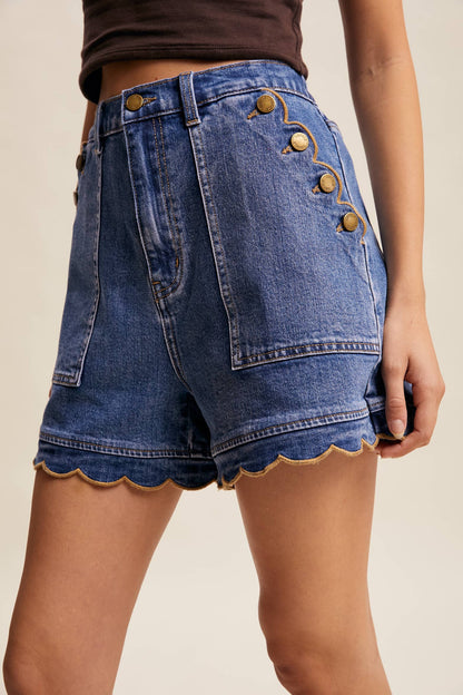 Lizzy Scallop Button-Side Stretch Denim Shorts