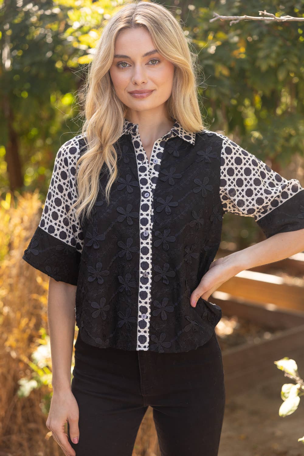 Ginny Floral Textured Button-Up Top