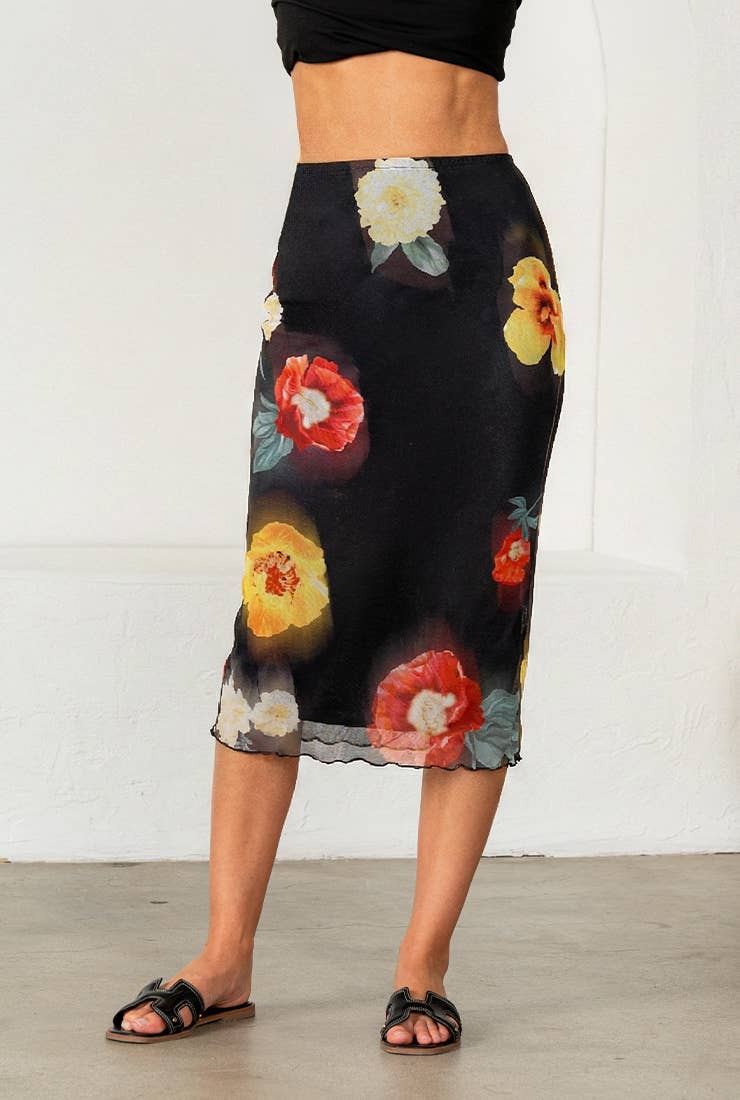 Hailey Fitted Floral Mesh Midi Skirt