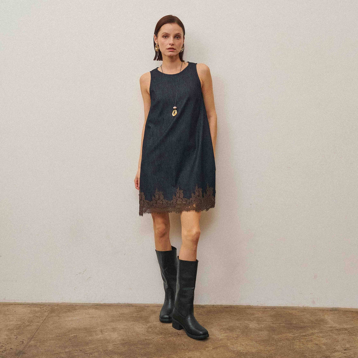 Reese Lace Trim Denim Mini Dress