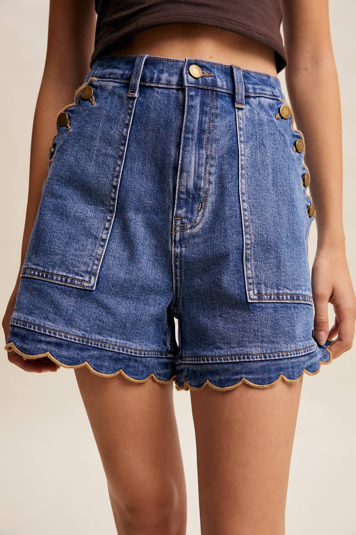 Lizzy Scallop Button-Side Stretch Denim Shorts