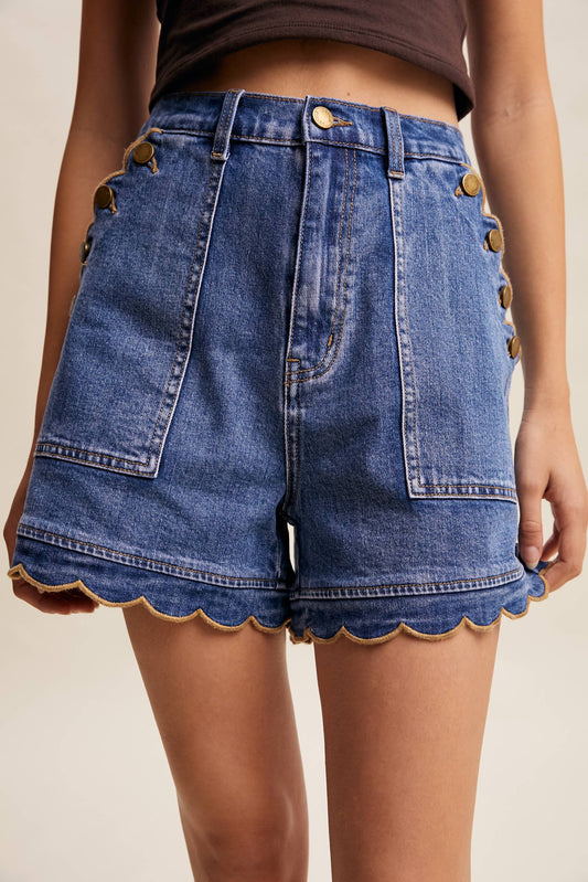 Lizzy Scallop Button-Side Stretch Denim Shorts
