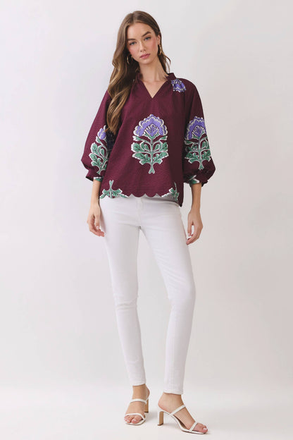 Heidi Floral Scalloped Hem Textured Blouse