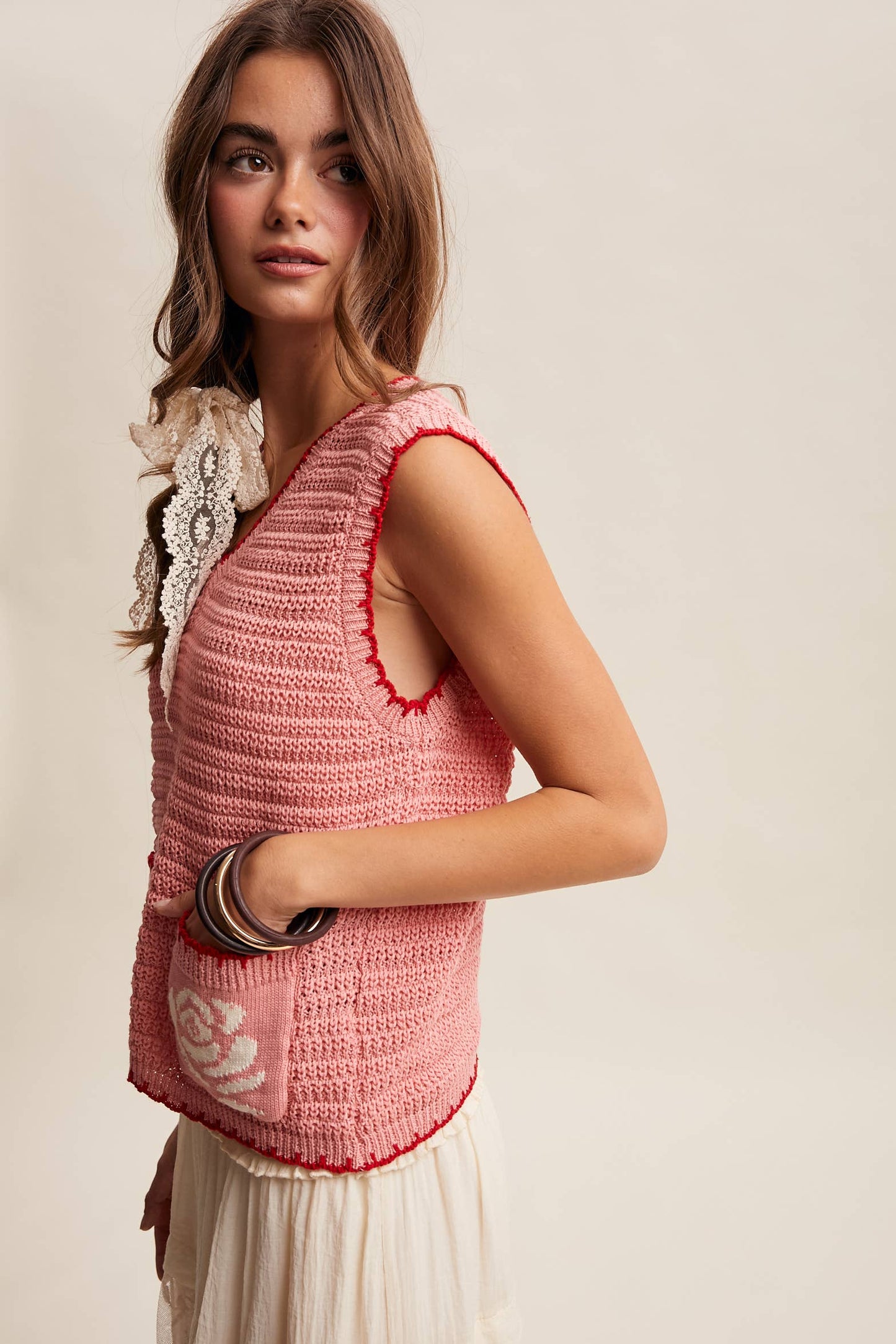 Dorsey Crochet Rose Pocket Knit Vest
