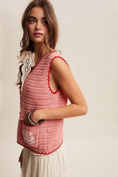 Dorsey Crochet Rose Pocket Knit Vest