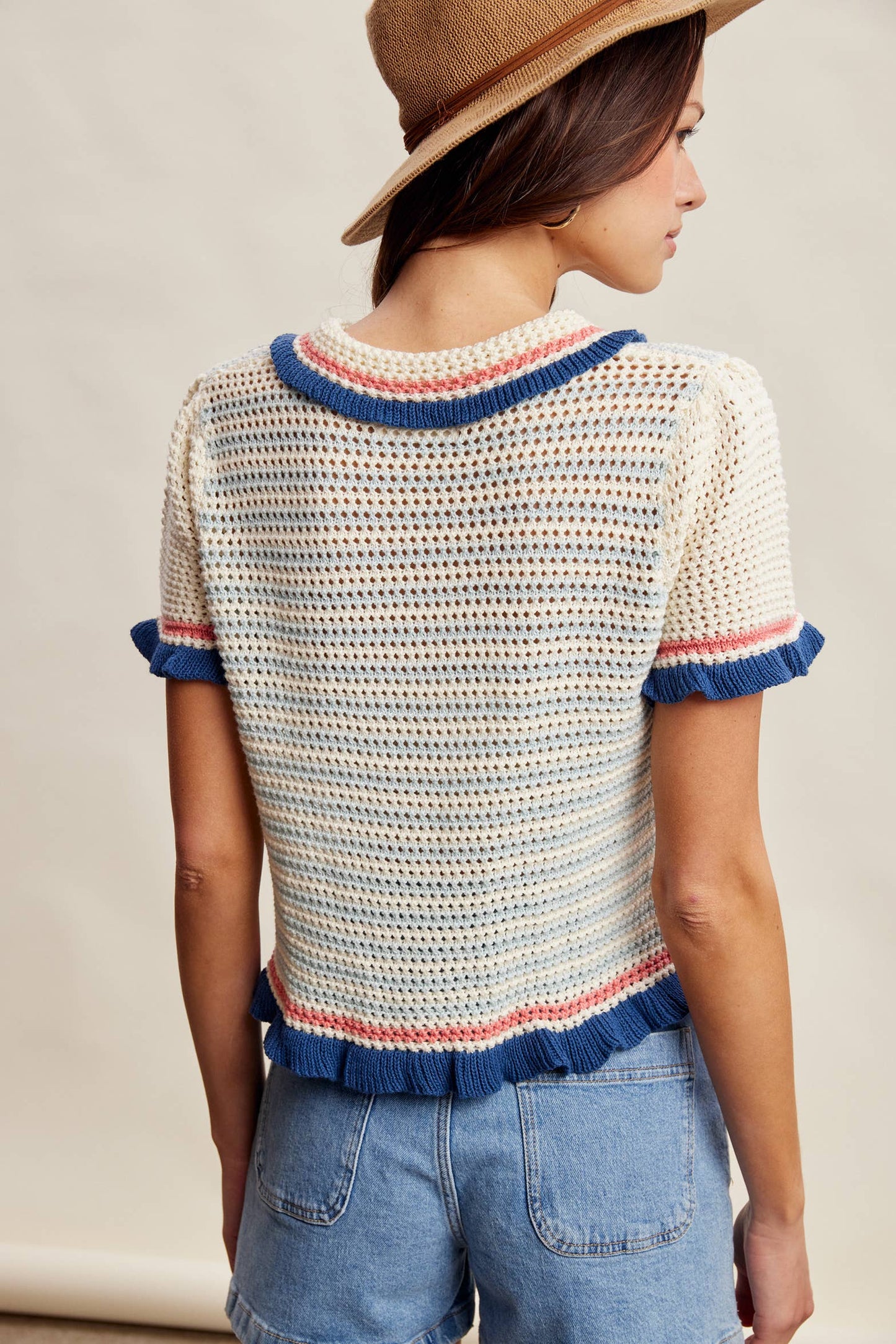 Brady Ruffle Trim Crochet Knit Cardigan Top