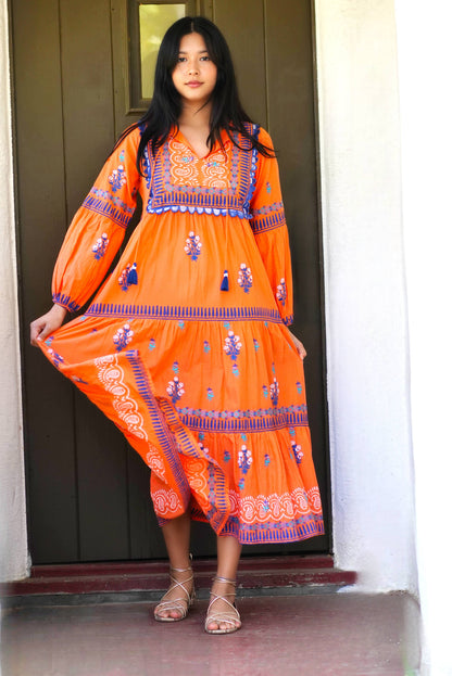 Rita Hand Block Printed Maxi Dress Orange