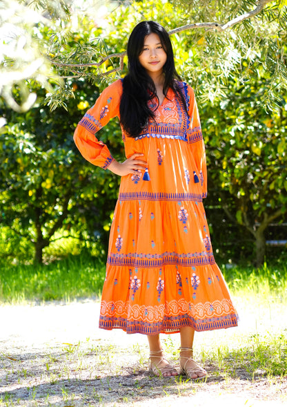 Rita Hand Block Printed Maxi Dress Orange