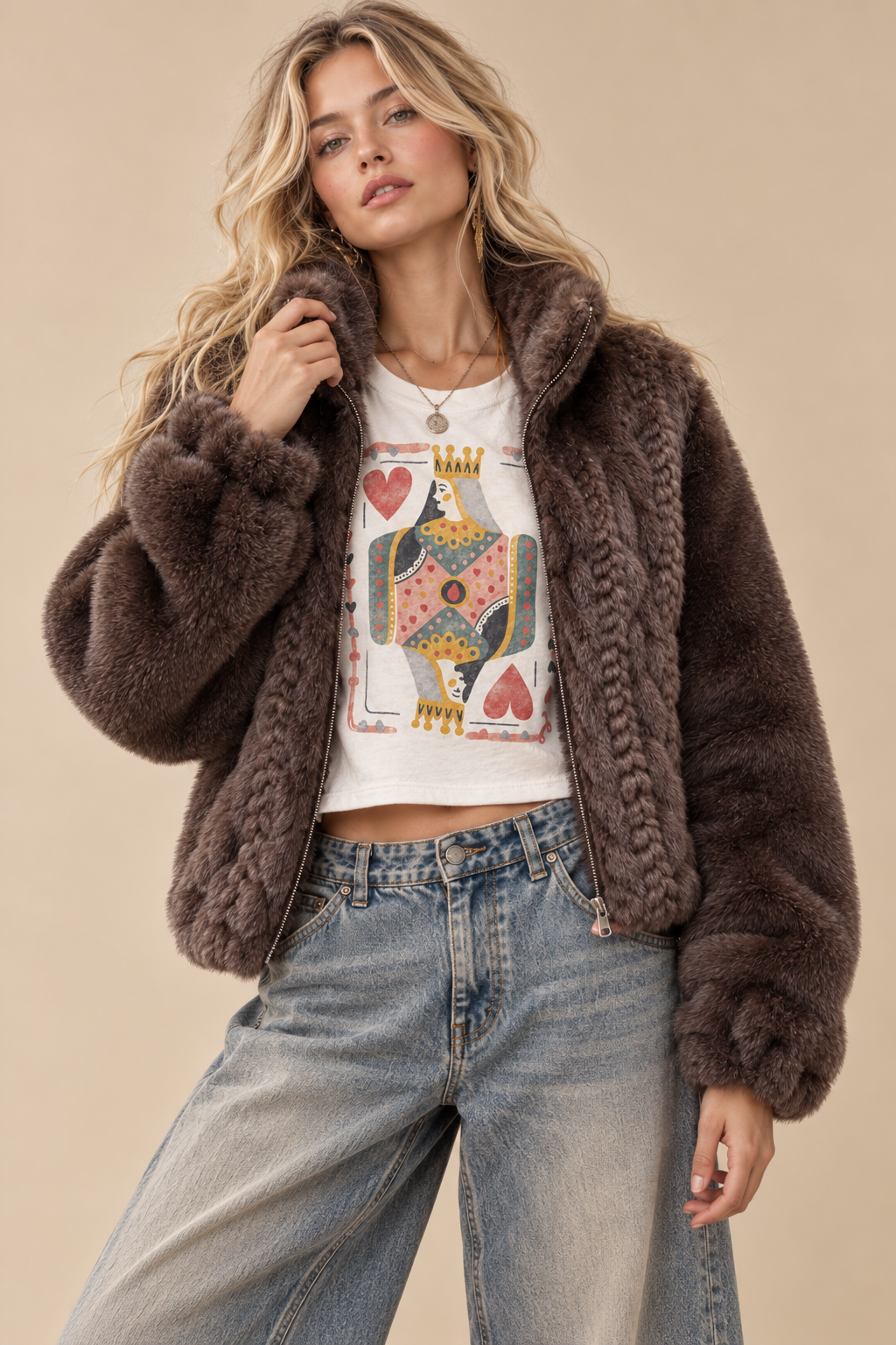 Paris Cable-Knit Faux Fur Zip-Up Jacket