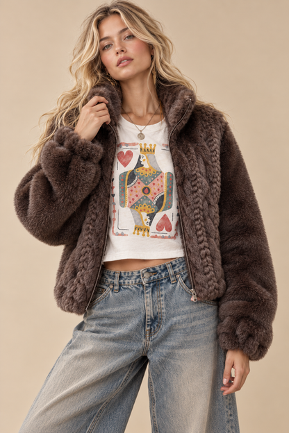 Paris Cable-Knit Faux Fur Zip-Up Jacket