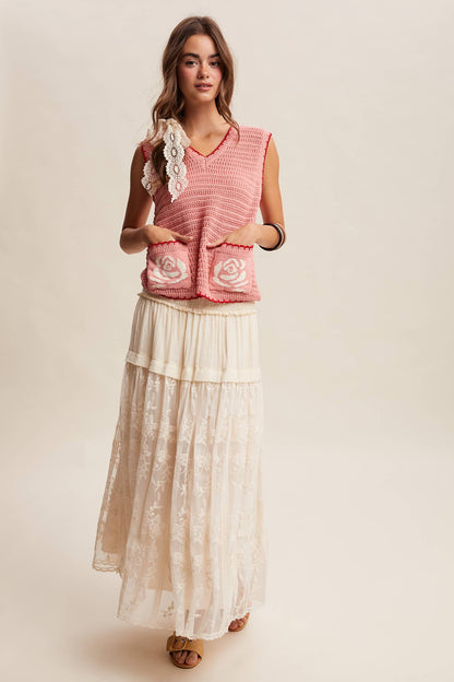 Dorsey Crochet Rose Pocket Knit Vest